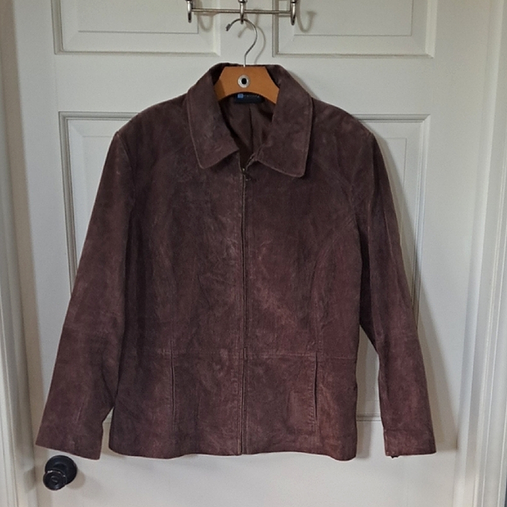 Genuine Suede Leather Chocolate Brown Zip Front Pocket Vintage Style Coat Jacket